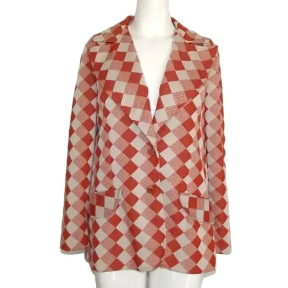VINTAGE Blazer, M/L, Orange/Off-White Diamonds/Check, 2 buttons, Poly - Picture 12 of 12